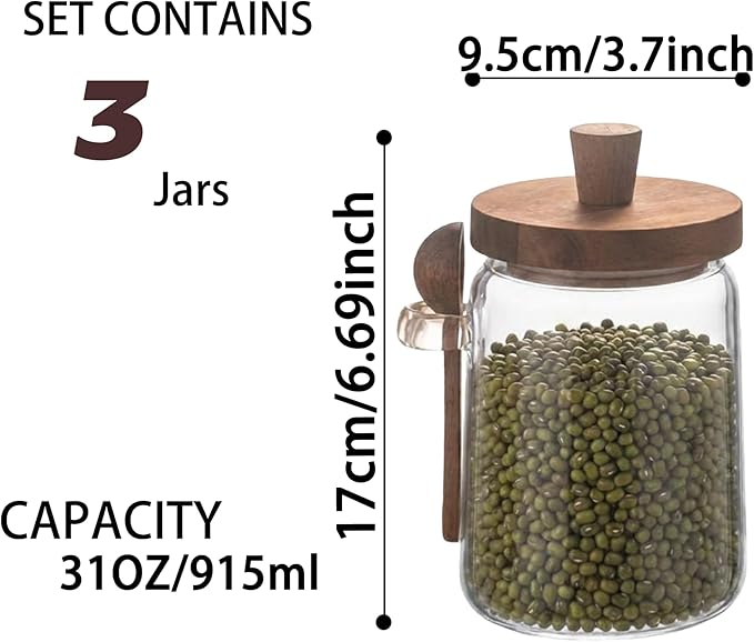 Set of 3 Glass Jars Containers with Wooden Lids and Scoop Clear Canister Jars Set with Spoon for Kitchen Food Storage Coffee Tea Sugar Decorative Countertop Organization Jars 31 oz (3)