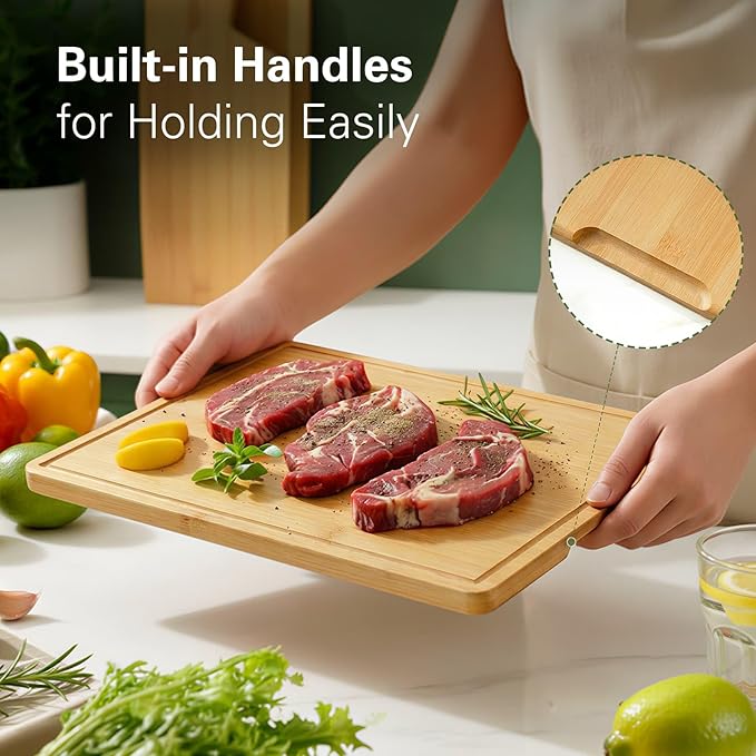 Zarler Bamboo Cutting Boards for Kitchen, 15.5x10.5 Durable Wood Cutting Board with Juice Grooves and Handles, Wooden Chopping Board for Meal Prep, XL Size, Ideal Kitchen Gift