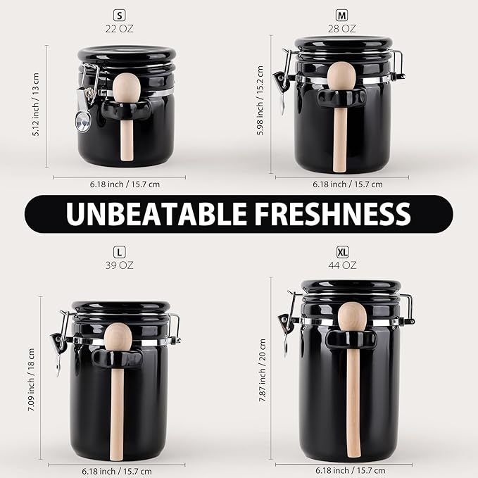 4-Piece Airtight Ceramic Canisters Set with Wooden Spoons & Chalk Labels – Perfect for Coffee, Sugar, Flour, Tea (Black) – Stylish & Leakproof Kitchen Storage