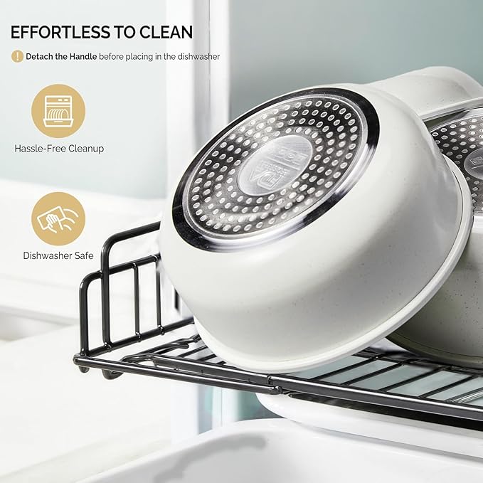 Bonnlo 22 Pcs Nonstick Pots and Pans Set with Lids, Kitchen Cookware Set with Detachable Handle Include Saucepan, Frying and Saute Pan, PFAS PFOA & PFOS Free, RV Induction, Aluminum, Cream White