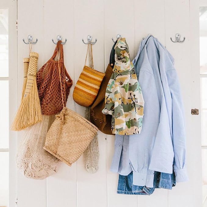 10 Pack Coat Hooks, Heavy Duty Double Prong Coat Hooks Wall Mounted with 20 Screws, No Rust Silver Metal Wall Hooks for Hanging Towel, Coat, Bag, Hat, Cup, Key