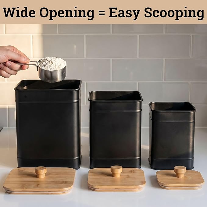 Kitchen Canisters for Countertop Set of 3 with Customizable Chalkboard Labels & Marker Pen - Big Iron Kitchen Canisters with Airtight Lids - Black Canister Set - Flour and Sugar Containers Farmhouse