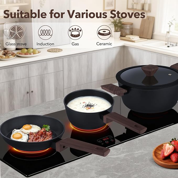 9Pcs Pots and Pans Set Nonstick,Induction Cookware Set Kitchen Cooking Sets,Healthy Non-Toxic Pots and Pan set,Non Stick with Grill Pan& Stay-Cool Handles (PFOS, PFOA Free),Black