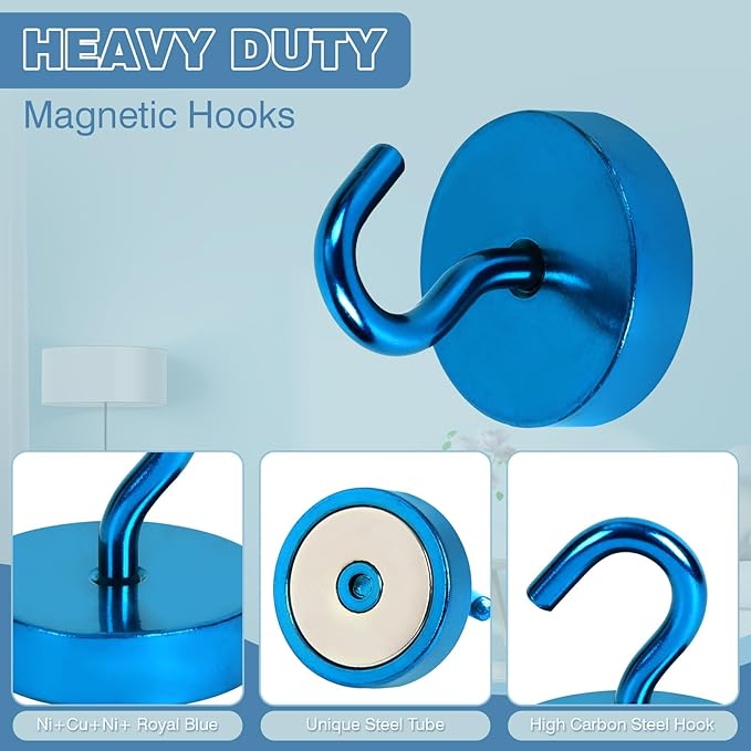 Neosmuk Magnetic Hooks, Cruise Ship Essentials, 80lb+ Heavy Duty Magnetic Hooks for Cruise Cabins, Refrigerator, Grill, Hanging, and Travel | Extra Strong Must-Haves Magnet Hook,RoyalBlue