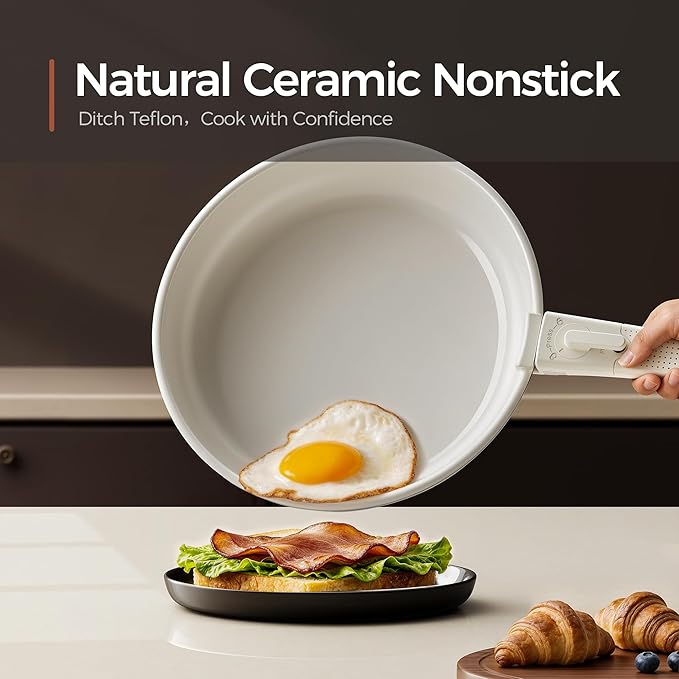 5pcs Nonstick Cookware Set, Diamond-Titanium Ceramic Coating & 3 Layer Stainless Steel Pots and Pans Set with Detachable Handle, Dishwasher Safe, Induction Compatible, Oven Safe, White
