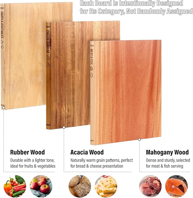 Book Cutting Board Set of 3 with Stand-The Cutting Board Library, Solid Wood Book-Shaped Boards for Serving & Display, Labeled Meat & Fish, Bread & Cheese, Fruits&Vegetables-Decorative Cutting Boards.