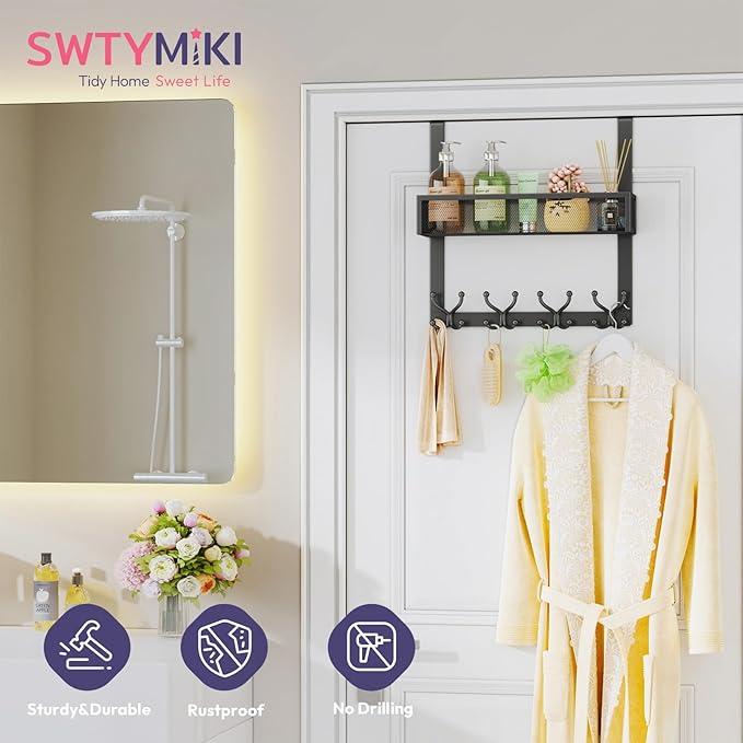 SWTYMIKI Over The Door Hook with 16 Hooks & Mesh Baskets - Heavy Duty Over The Door Organizer Hanger for Towels, Coats, Clothes - Space Saving Hanging Rack for Bathroom, Living Room, Black
