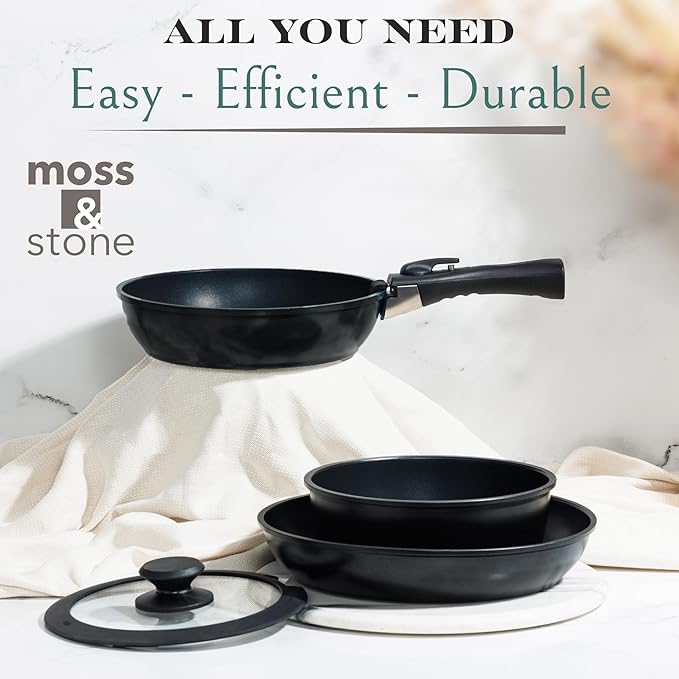 Moss & Stone 10pcs Nonstick Cookware Pans with Removable Handles, Space Saving Pots and Pans with Removable Handles, RV Pots and Pans Set for Camping, Oven and Induction Ready
