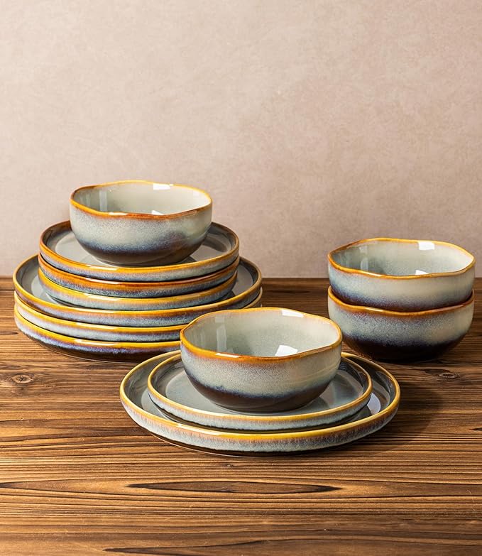 TheTerra Ceramic Dinnerware Sets for 4, 12 Pieces Handmade Reactive Glaze Plates and Bowls Sets, Scratch Resistant Dish Set, Oven & Microwave & Dishwasher Safe, Brown Blue