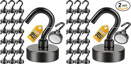 DIYMAG Magnetic Hooks for Refrigerator, Extra Strong Cruise Hook, Heavy Duty Earth Magnets with Hook Magnetic Hanger for Cabins, Grill (20P-Black) (Pack of 2)