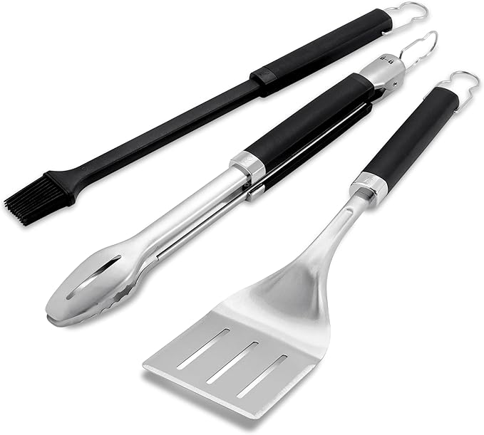 Weber Precision 3‑Piece Grilling Tool Set – Stainless Steel Tongs, Spatula & Silicone Basting Brush with Non‑Slip Handles and Hands‑Free Locking