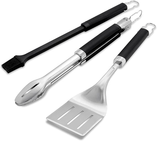 Weber Precision 3‑Piece Grilling Tool Set – Stainless Steel Tongs, Spatula & Silicone Basting Brush with Non‑Slip Handles and Hands‑Free Locking