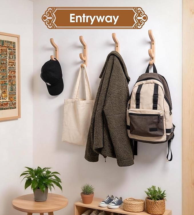 Wooden Wall Hook for Coat and Towel – 2 Pack Beech Wood Hooks for Heavy Bags, Towels, Hats & Clothes, WCH3B, Wall Mounted 3 Curved Hooks Design, Modern Home Decor, Patent Pending, Large