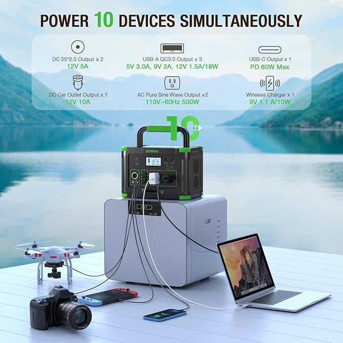Portable Power Station 500W (Peak 1000W), 519Wh Solar Generator with 2x110V AC Outlets & USB-C PD 60W, 10-Port Power Bank with Wireless Charger for Outdoor Camping, RV Trips, and Home Emergency Backup