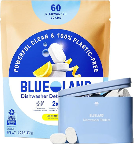 BLUELAND 100% Plastic-Free Dishwasher Detergent Tablets, Starter Set, 60 Count with tin, Lemon Zest, Eco-Friendly Dishwashing Pods, Natural, USDA Certified biobased