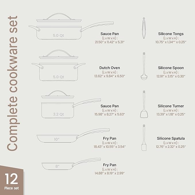 Bakken 12-Piece Aluminum Cookware Set with Ceramic Nonstick Coating, PTFE & PFAS Free, All Stovetop Safe Up To 500°F, Pots and Pans Set with Lids, Silicone Utensils Included, Dishwasher Safe, Cream