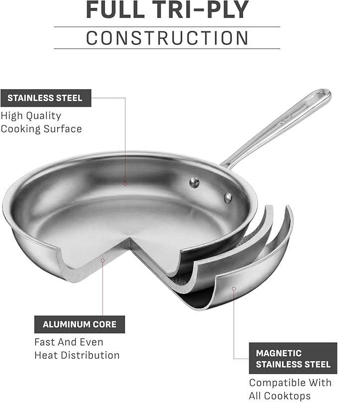 T-Fal Pro Tri-Ply Stainless Steel Fry Pan 10 Inch Induction Cookware, Oven Safe 500F, Fast & Even Heat, Professional Quality & Durability, Frying Pan, Skillet, Cookware, Silver