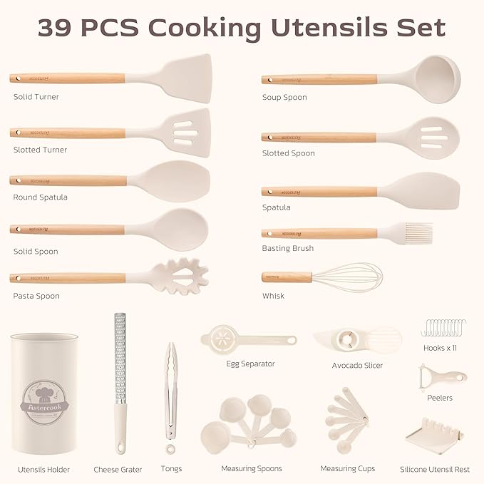 Astercook Kitchen Utensils set, 39 PCS Silicone Cooking Utensils Set with Wooden Handle, 446°F Heat Resistant Food Grade Utensil Sets, BPA Free Kitchen Gadgets Tools Set for Mothers Day Gifts