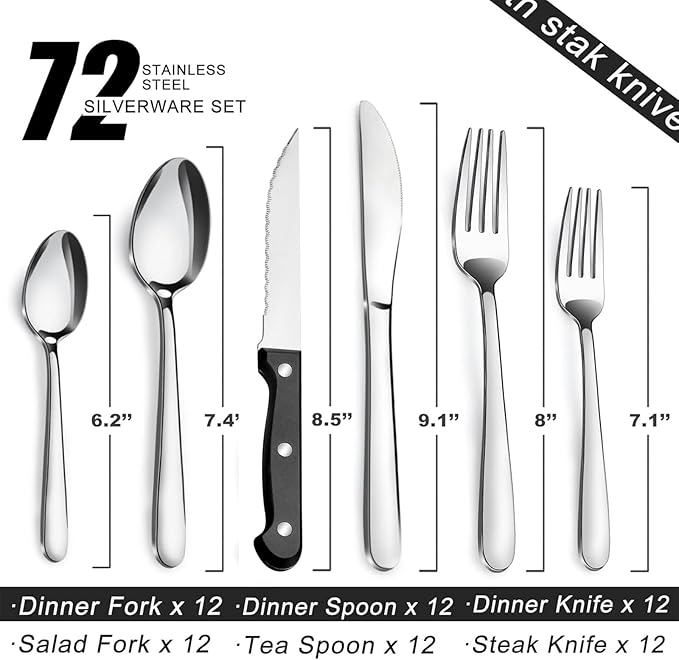 Pleafind 72-Pieces Silverware Set for 12, Flatware Set with Triple Rivet Steak Knives, Stainless Steel Cutlery Set, Include Forks Spoons and Knives Set, Utensil Sets for Home Restaurant