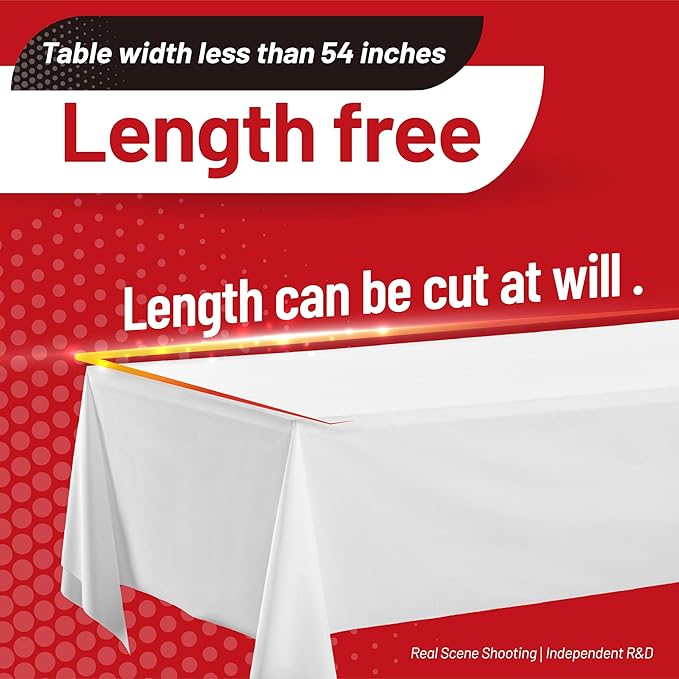 Plastic Table Cloth, 210 Ft X 54 in Disposable Tablecloth White Plastic Tablecloth with Any Cut Sliding Cutters Premium Table Cover Roll for Picnics, Parties, Birthdays, Weddings