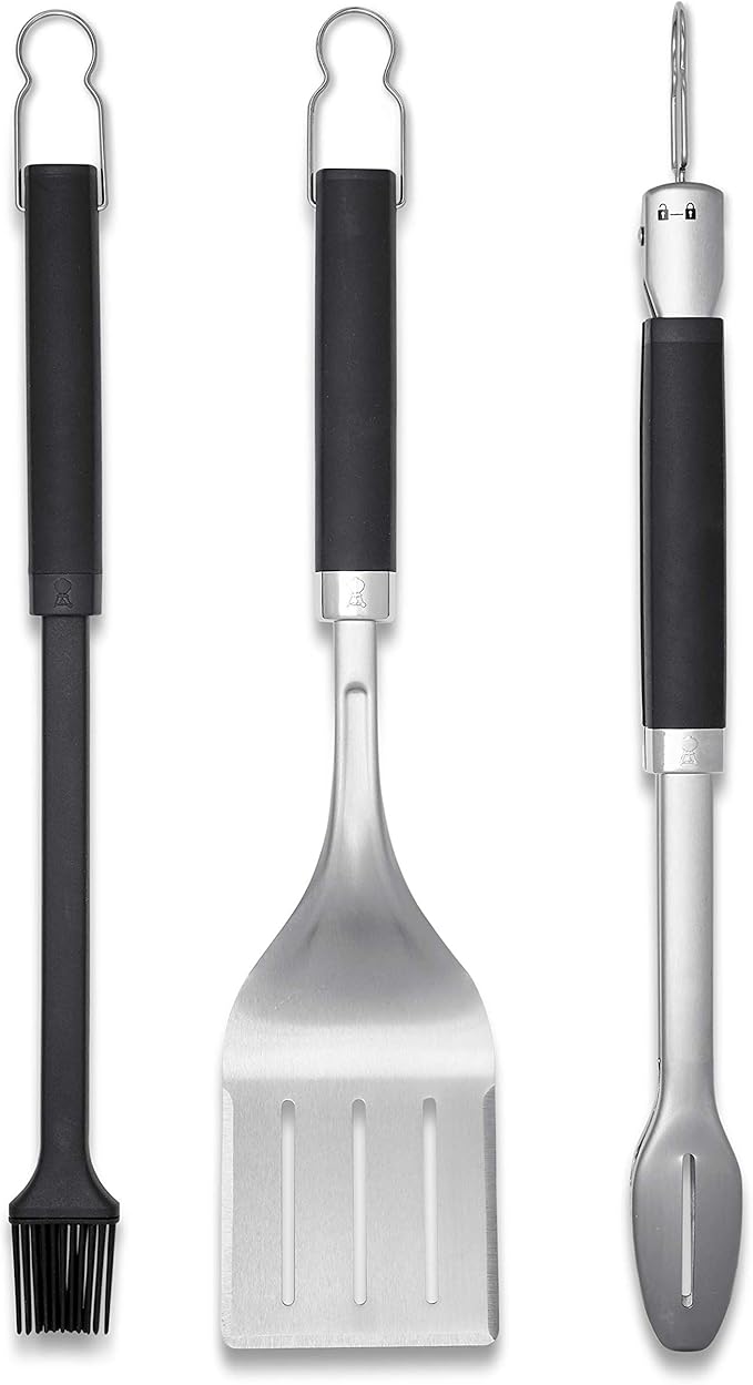 Weber Precision 3‑Piece Grilling Tool Set – Stainless Steel Tongs, Spatula & Silicone Basting Brush with Non‑Slip Handles and Hands‑Free Locking