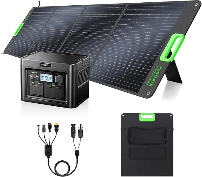 GRECELL 1200W Portable Power Statio with 200W Portable Solar Panel 23.5% High Efficiency Solar Panel, 672Wh LiFePO4 Battery Solar Generator with 9 Output Ports for Outdoor Camping, RV, Travel