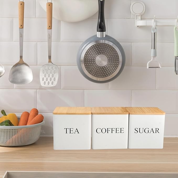 3 Pack 16oz Tea Sugar Coffee Container Set, Kitchen Canister Tins with Bamboo Lids, Stackable Storage Jar Suitable for Coffee Beans, Tea, Sugar, Flavourings, Cereals, Snacks