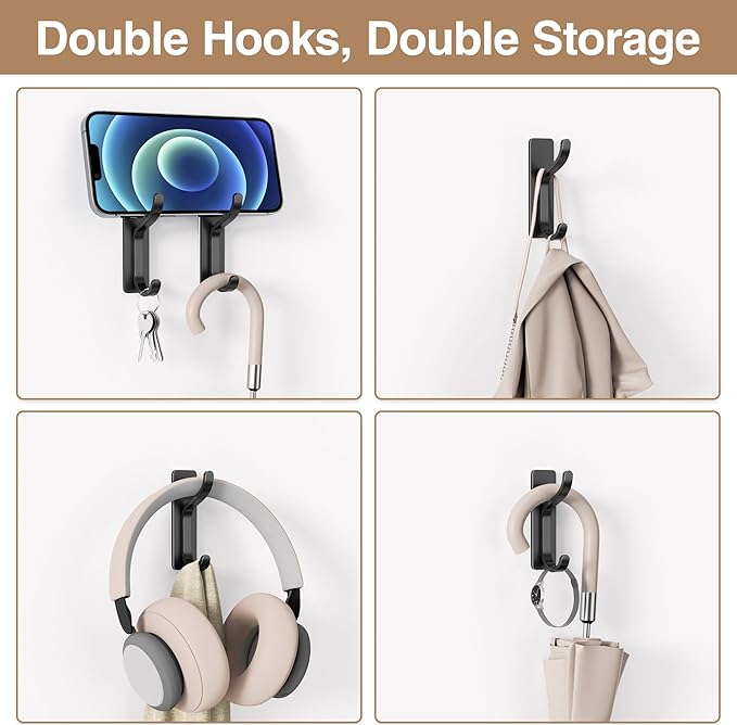 niffgaff Wall Hooks for Coat and Towel: 13lb Adhesive Door Hanger Stick On, Sticky Hook for Wall, Closet, Bathroom - Black, 4 Pack