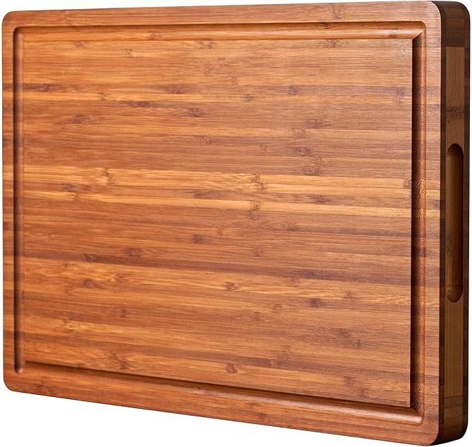 Allsum Bamboo Wood Cutting Board for Kitchen, 1" Thick Butcher Block, Cheese Charcuterie Board, with Side Handles and Juice Grooves, 16x11"
