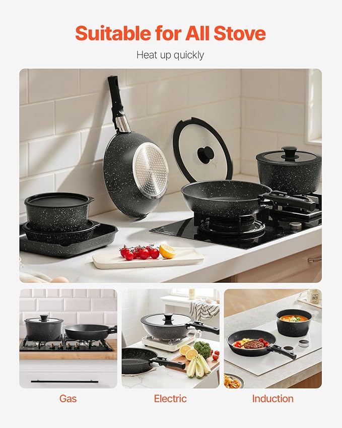 VEVOR 17 Piece Pots and Pans Set, Granite Nonstick Detachable Handle Cookware, Space Saving Induction Cookwares, Kitchen RV Cooking Sets with Frying, Sauce, Saute, Tempered Glass Lid, Oven Safe, Black