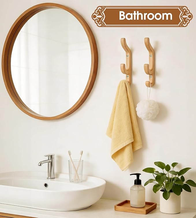 Wooden Wall Hook for Coat and Towel – 2 Pack Beech Wood Hooks for Heavy Bags, Towels, Hats & Clothes, WCH3B, Wall Mounted 3 Curved Hooks Design, Modern Home Decor, Patent Pending, Large