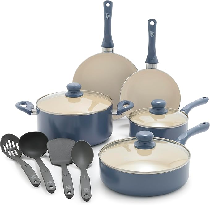 GreenLife 16-Piece Nonstick Cookware Set, Non-Toxic Ceramic Pots and Pans Set, Durable Healthy Kitchen Essentials, Fast Heating, Induction Ready, Easy Clean Dishwasher Safe, PFAS-Free, Slate Blue