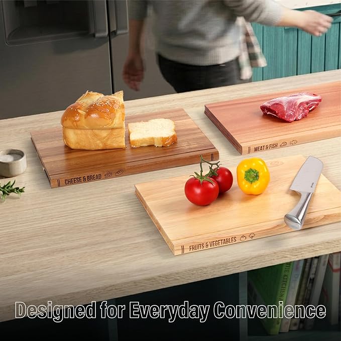 Book Cutting Board Set of 3 with Stand-The Cutting Board Library, Solid Wood Book-Shaped Boards for Serving & Display, Labeled Meat & Fish, Bread & Cheese, Fruits&Vegetables-Decorative Cutting Boards.