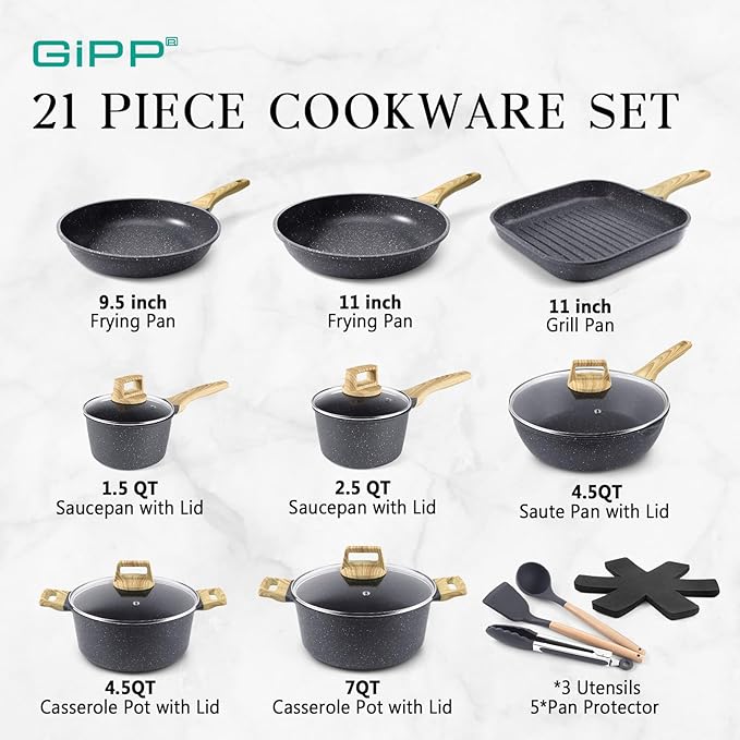 GiPP 21Psc Pots and Pans Set Non Stick - Grey Ceramic Kitchen Cookware Sets Nonstick Induction Cookware Non-toxic Cooking Pan Set with Silicone Utensils, PFOS and PFOA Free