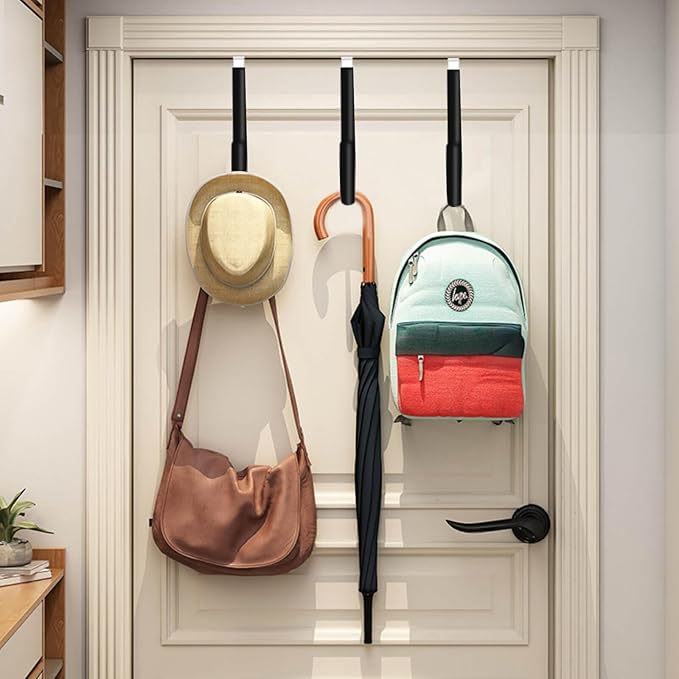 4 Pack Over The Door Hooks, Large Door Hanger Hook, Soft Rubber Surface Prevents Scratches, Door Hook for Bathroom, Living Room, Kitchen Hanging Clothes, Towels, Shoe Bag, Hat(Black)