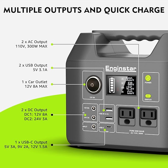 EnginStar Solar Generator, 300W Portable Power Station, 296Wh Lithium Battery Backup w/Two 110V Pure Sine Wave AC Outlet for Camping Road Trip RV, 80000mAh Sufficient Power Supply for Blackout