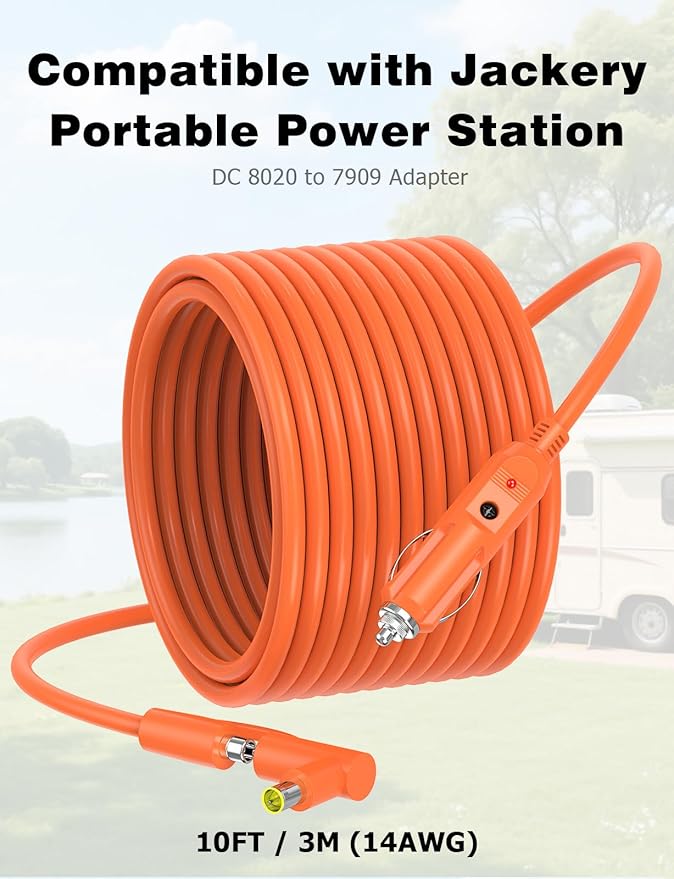 10FT Car Charging Cable 14AWG Compatible with Jackery Portable Power Stations, Explorer 3000 Pro/2000 Plus/1500/1000 v2, Car Cigarette Lighter Charging Cable with DC 8020 & DC 7909 Plug