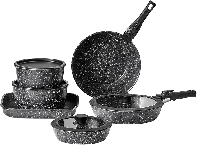 VEVOR 17 Piece Pots and Pans Set, Granite Nonstick Detachable Handle Cookware, Space Saving Induction Cookwares, Kitchen RV Cooking Sets with Frying, Sauce, Saute, Tempered Glass Lid, Oven Safe, Black