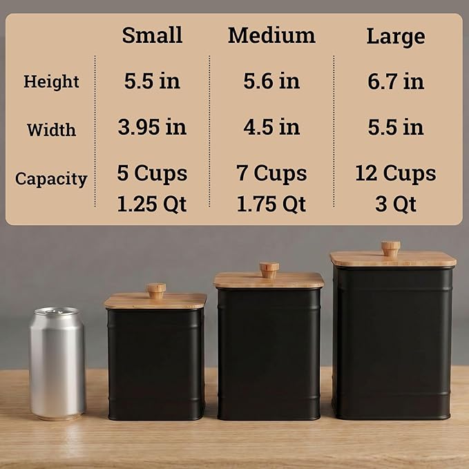 Kitchen Canisters for Countertop Set of 3 with Customizable Chalkboard Labels & Marker Pen - Big Iron Kitchen Canisters with Airtight Lids - Black Canister Set - Flour and Sugar Containers Farmhouse