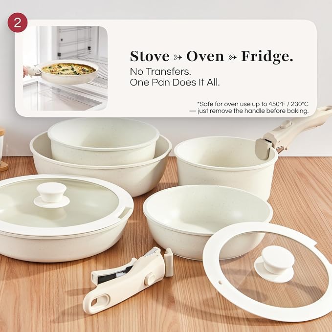 GOURMETIFIC® Pots and Pans Cookware Set [11 PIECES] - Non Toxic Ceramic Coated Cooking Ware - Induction, Gas & Oven Kitchenware - Non Stick Pot & Pan with Removable Handles & Stackable (Lavender)