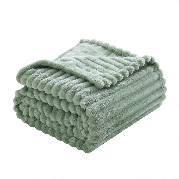 Sage Green Fleece Throw Blanket 108”×90” for Couch Sofa Bed,Super Soft Cozy Plush Microfiber Flannel Blanket with Stripes Design Lightweight for Adults,Woman,Girls
