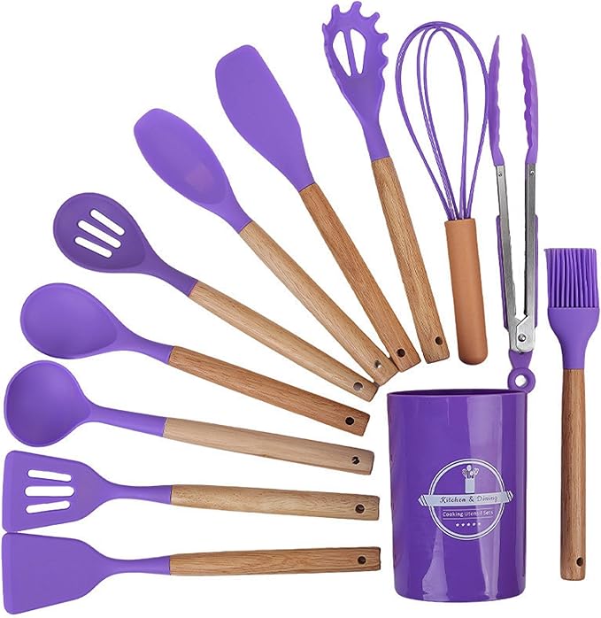 Kitchen Silicone Cooking Utensil Set with Wooden Handles Holder, Great for Cooking, Mixing, Scoop, Scrape, Non stick Heat Resistant (Purple -12pcs Sets)