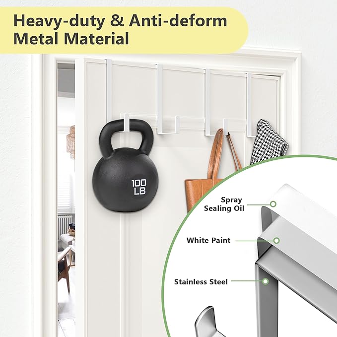 Updated 6" Over The Door Hooks(4 PCS) Fit Almost All Doors up to 1-3/4", Widen Metal Door Hanger for Hanging Towels, Clothes, Bags on Interior Door of Bathroom/ Closet/Bedroom/Pantry and Front Door