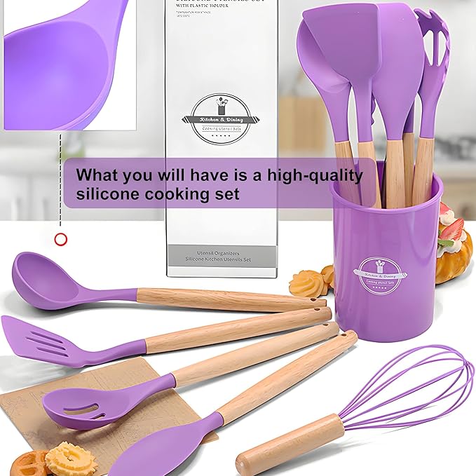 Kitchen Silicone Cooking Utensil Set with Wooden Handles Holder, Great for Cooking, Mixing, Scoop, Scrape, Non stick Heat Resistant (Purple -12pcs Sets)