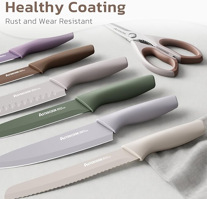 Astercook Knife Set, 13 Pieces Kitchen Knives Set with Healthy Anti-Rust Coating, Dishwasher Safe, Stainless Steel Chef Knife Sets with 6 Blade Guards, Perfect Mothers Day Gifts for Kitchen Morandi