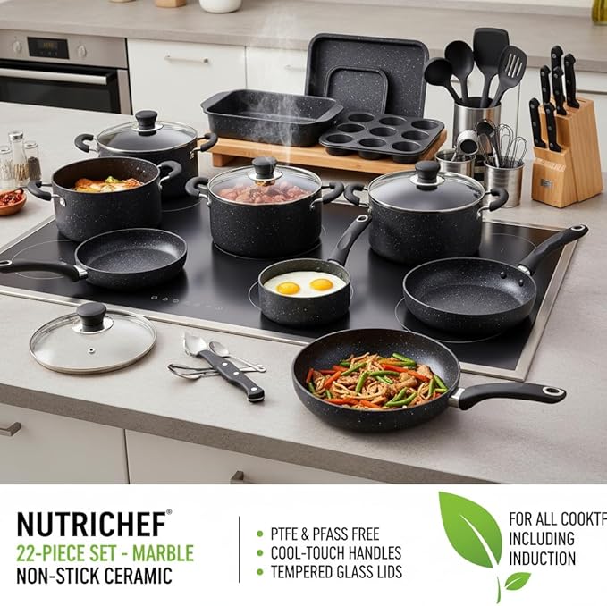 NutriChef 22‑Piece Non‑Stick Ceramic Pots and Pans Set – For All Cooktops Including Induction – PTFE & PFAS Free, Includes Bakeware & Utensils