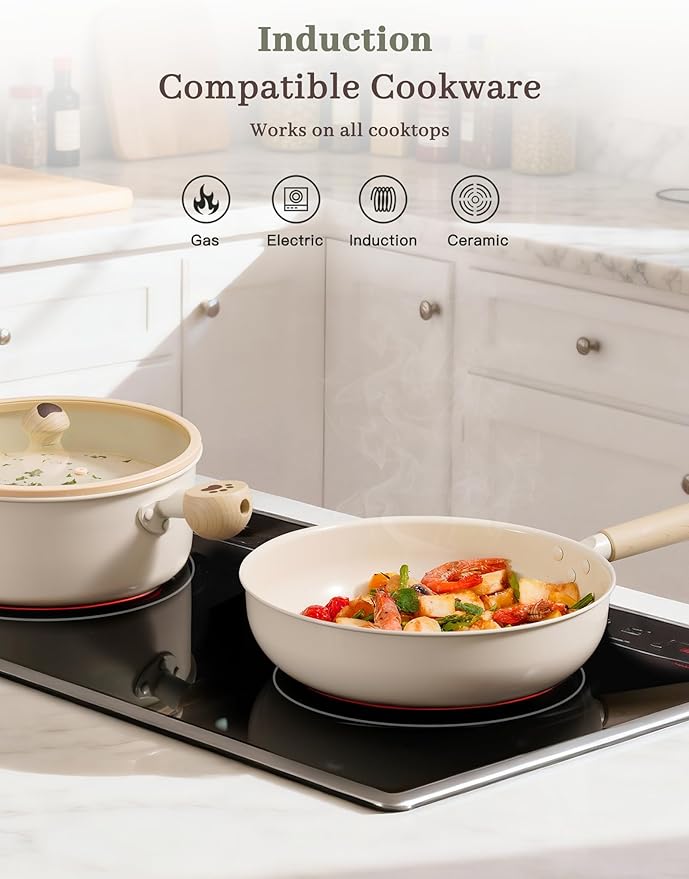 Astercook Pots and Pans Set Non Stick, Ceramic Cookware Set Non Toxic, 18 Pcs Dishwasher Safe Induction Cookware for Everyday Cooking & Kitchen Mothers Day Gifts