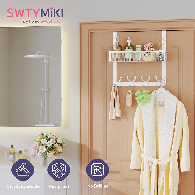 SWTYMIKI Over The Door Hook with 16 Hooks & Mesh Baskets - Heavy Duty Over The Door Organizer Hanger for Towels, Coats, Clothes - Space Saving Hanging Rack for Bathroom, Living Room, White