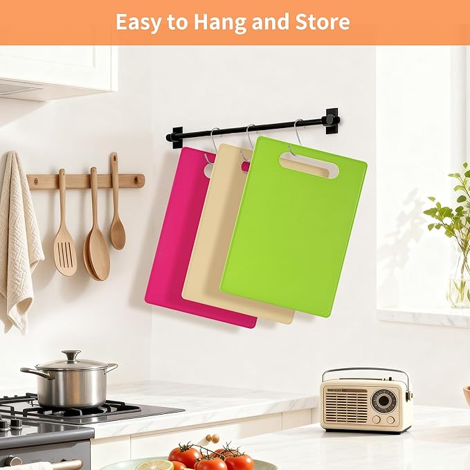 Luckyiren Plastic Cutting Board Set, 3 Pack Small Chopping Boards for Kitchen, BPA-Free, Dishwasher Safe, Color Coded Boards Pads for Meat Vegetable Fruit, Easy Grip Handle, Non-Slip, Space Saving
