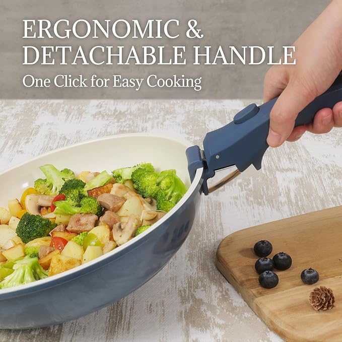 8Pcs Pots and Pans Set Nonstick Ceramic Cookware Set Removable Handle Induction Kitchen Cooking Set with Frying Pans and Sauce Pan, Blue